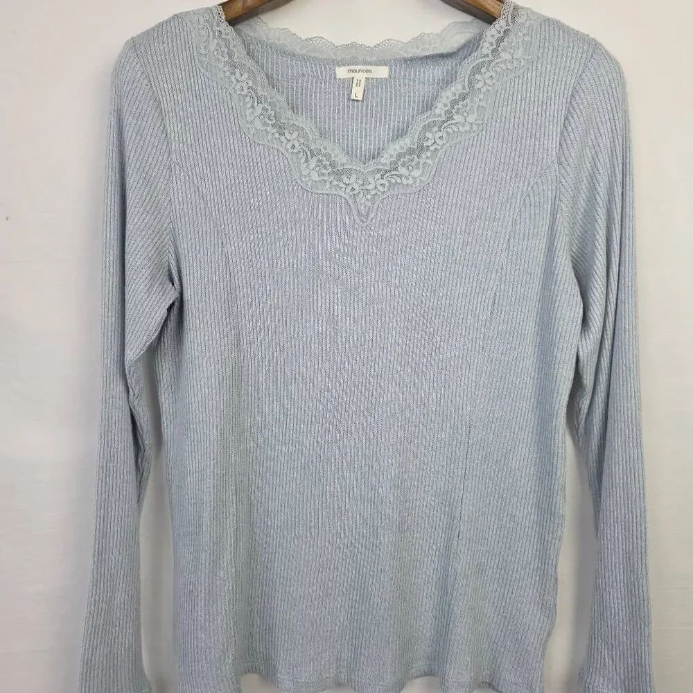Maurices Lace Trim Rib Knit Top Large Light Blue - Picture 5 of 9